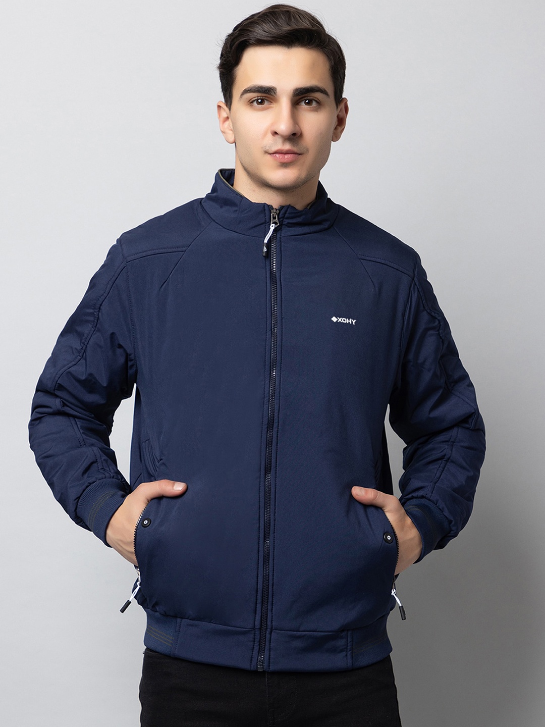 

Xohy Mock Collar Lightweight Bomber Jacket, Navy blue