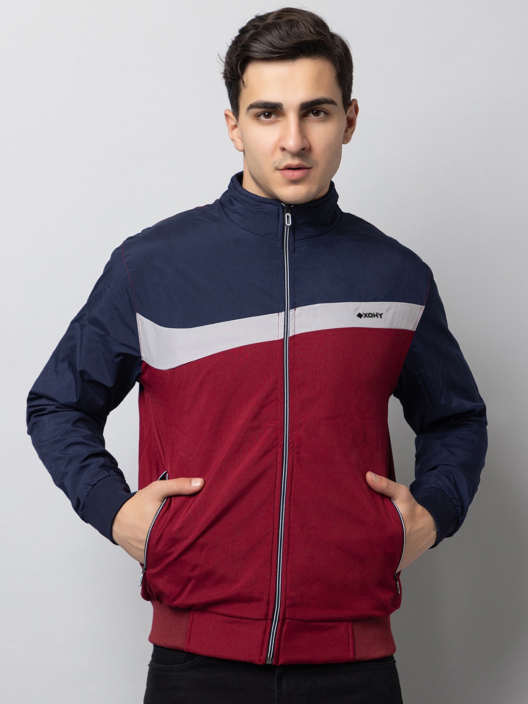 

Xohy Colourblocked Mock Collar Lightweight Cotton Bomber Jacket, Maroon