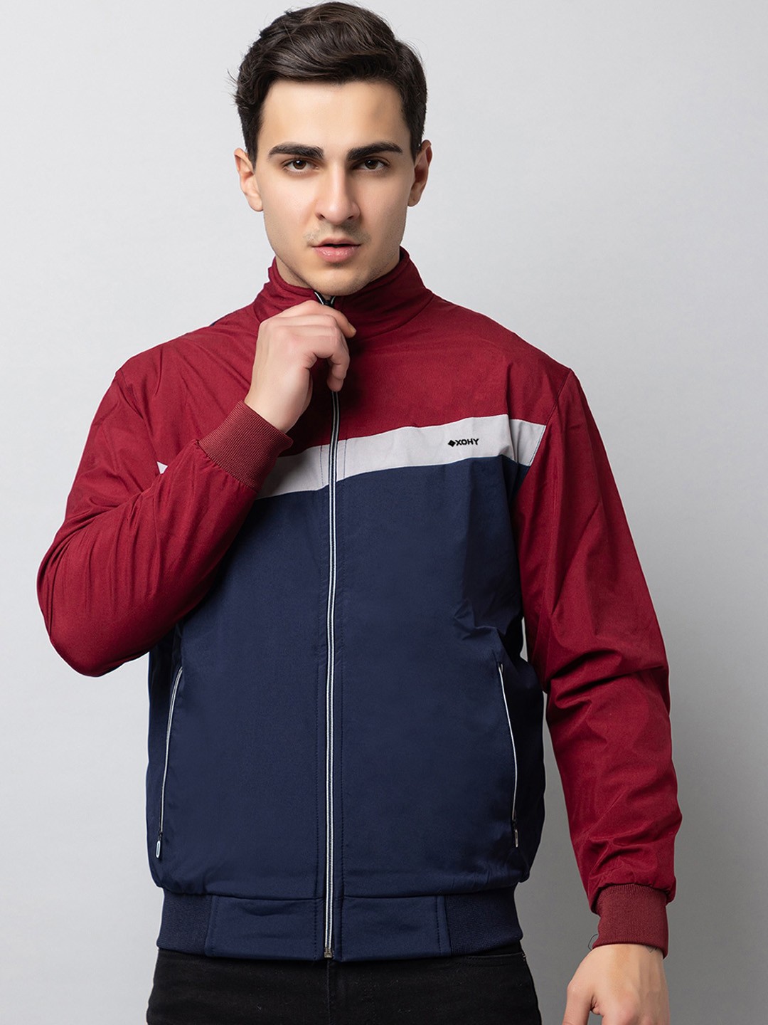 

Xohy Colourblocked Mock Collar Lightweight Bomber Jacket, Navy blue