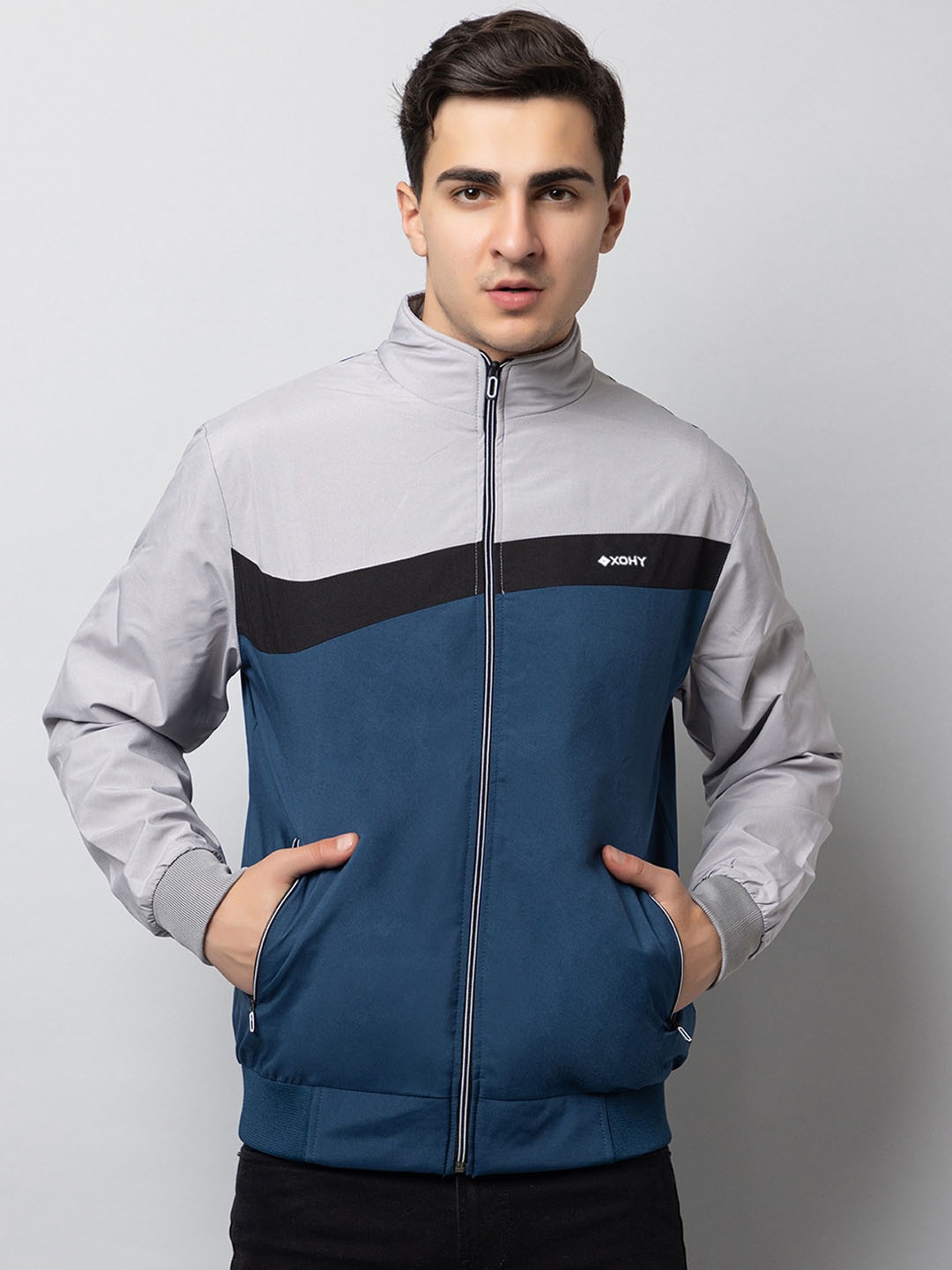 

Xohy Colourblocked Mock Collar Lightweight Cotton Bomber Jacket, Blue
