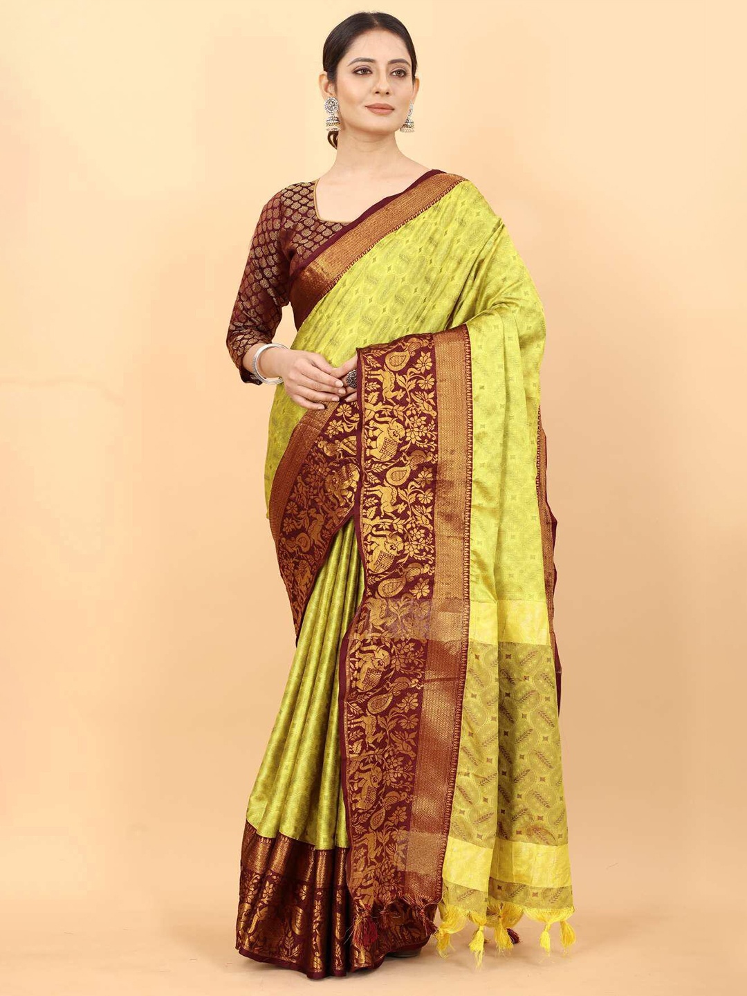 

VASTRAME Ethnic Woven Design Zari Pure Banarasi Saree, Lime green