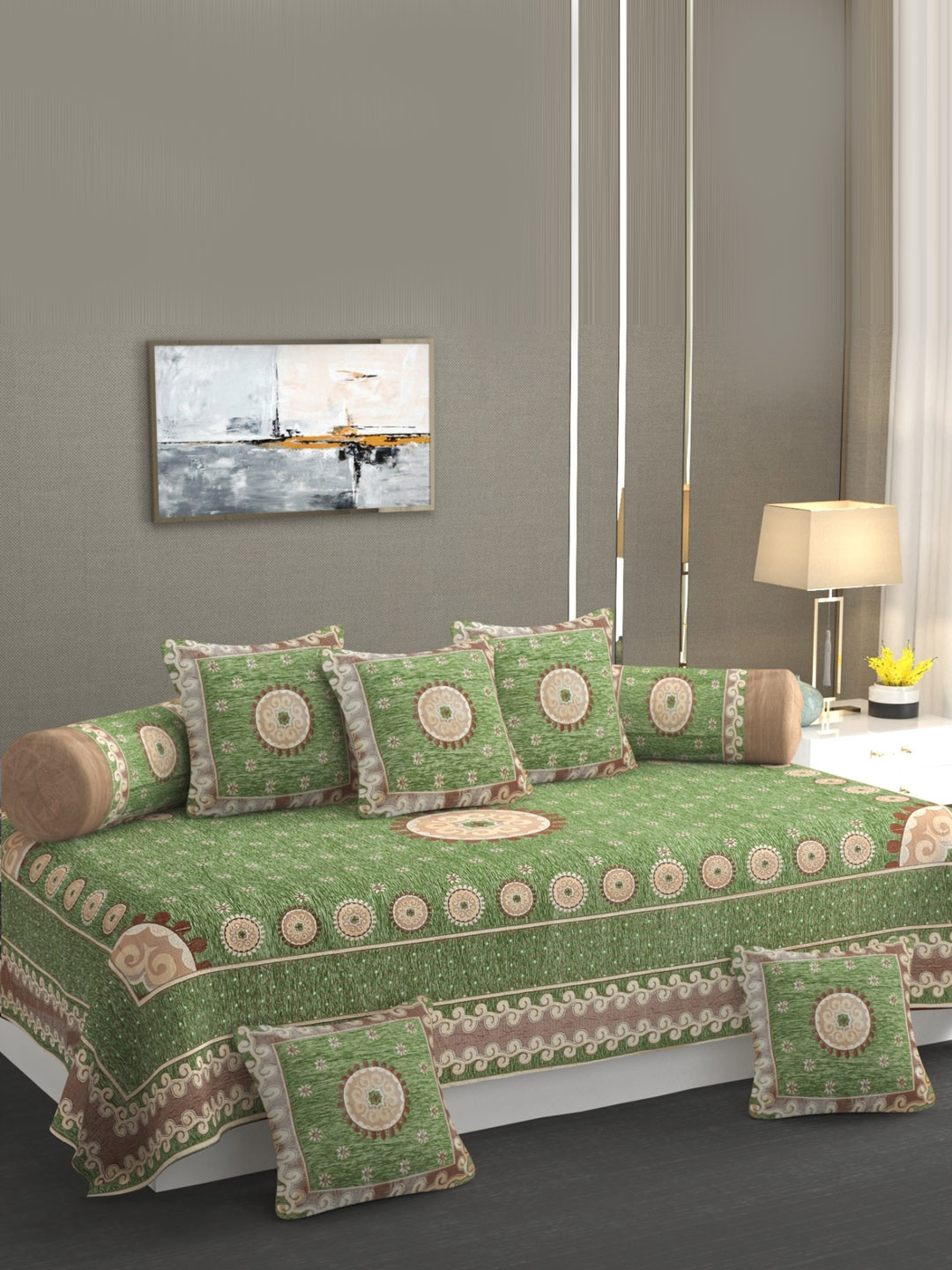 

MULTITEX Green & Brown 8-Pcs Floral Printed Pure Cotton Diwan Set