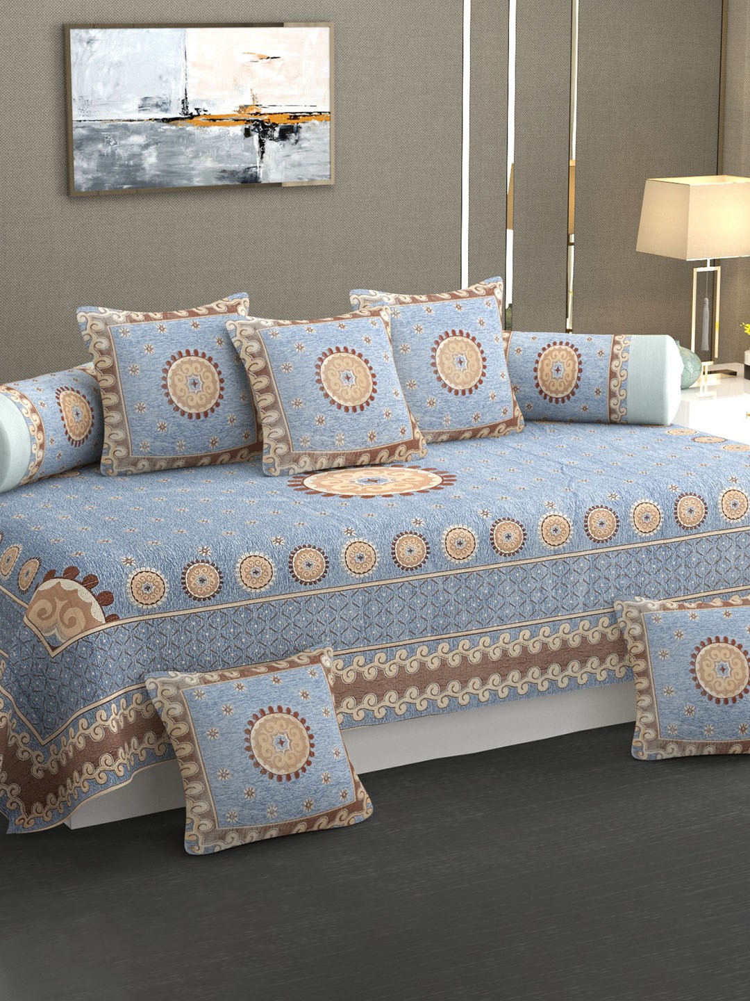 

MULTITEX Turquoise Blue & Brown 8-Pcs Floral Pure Cotton Diwan Set