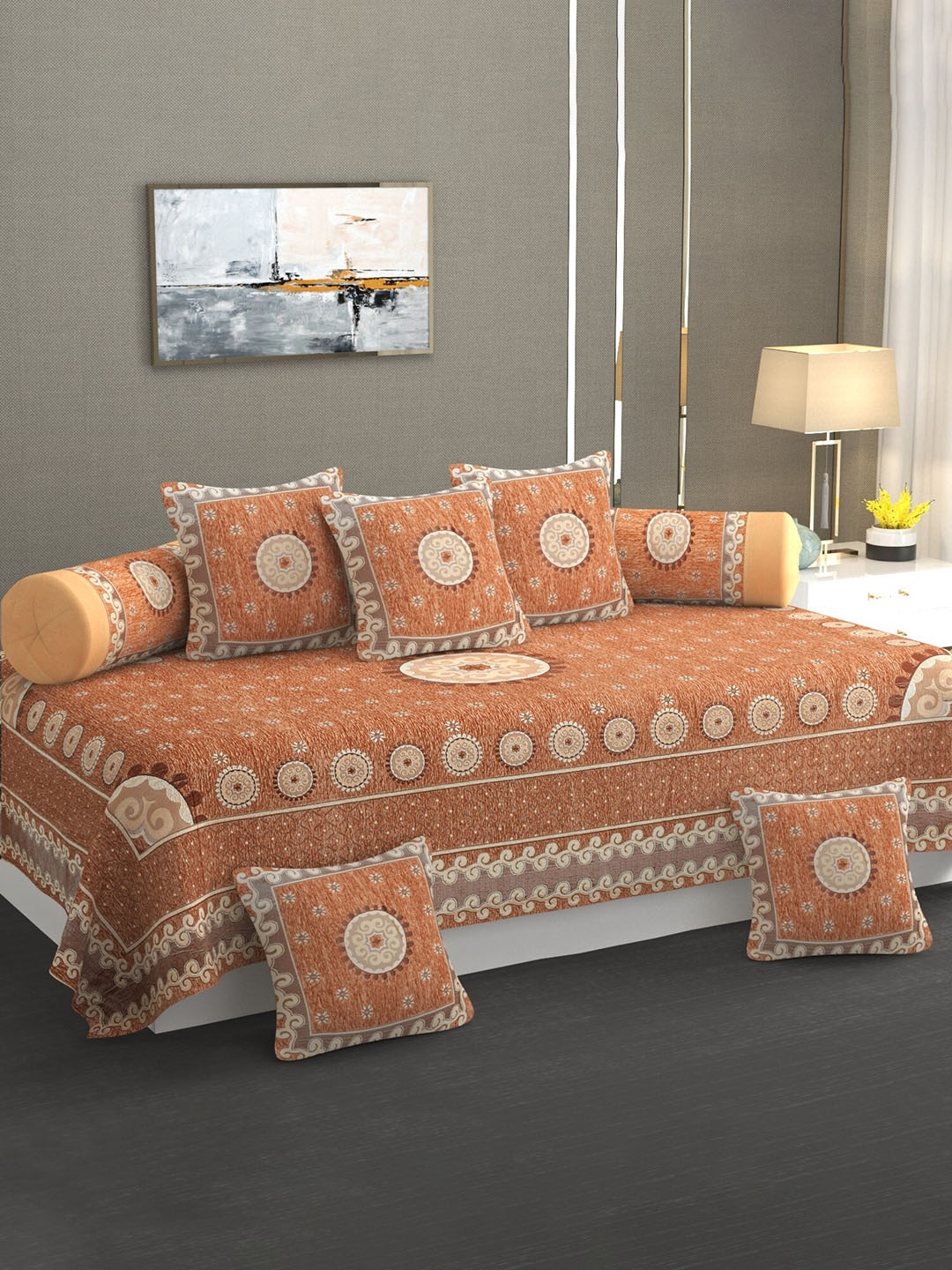 

MULTITEX Peach & Brown 8-Pcs Floral Printed Pure Cotton Diwan Set