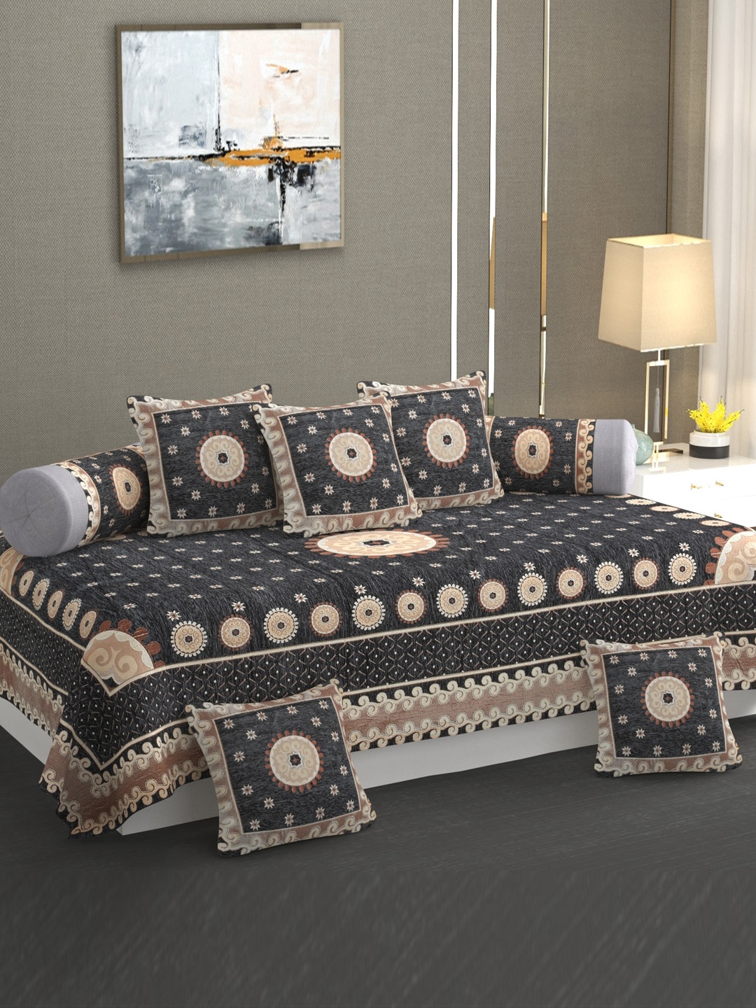 

MULTITEX Grey & Brown 8-Pcs Floral Printed Pure Cotton Diwan Set