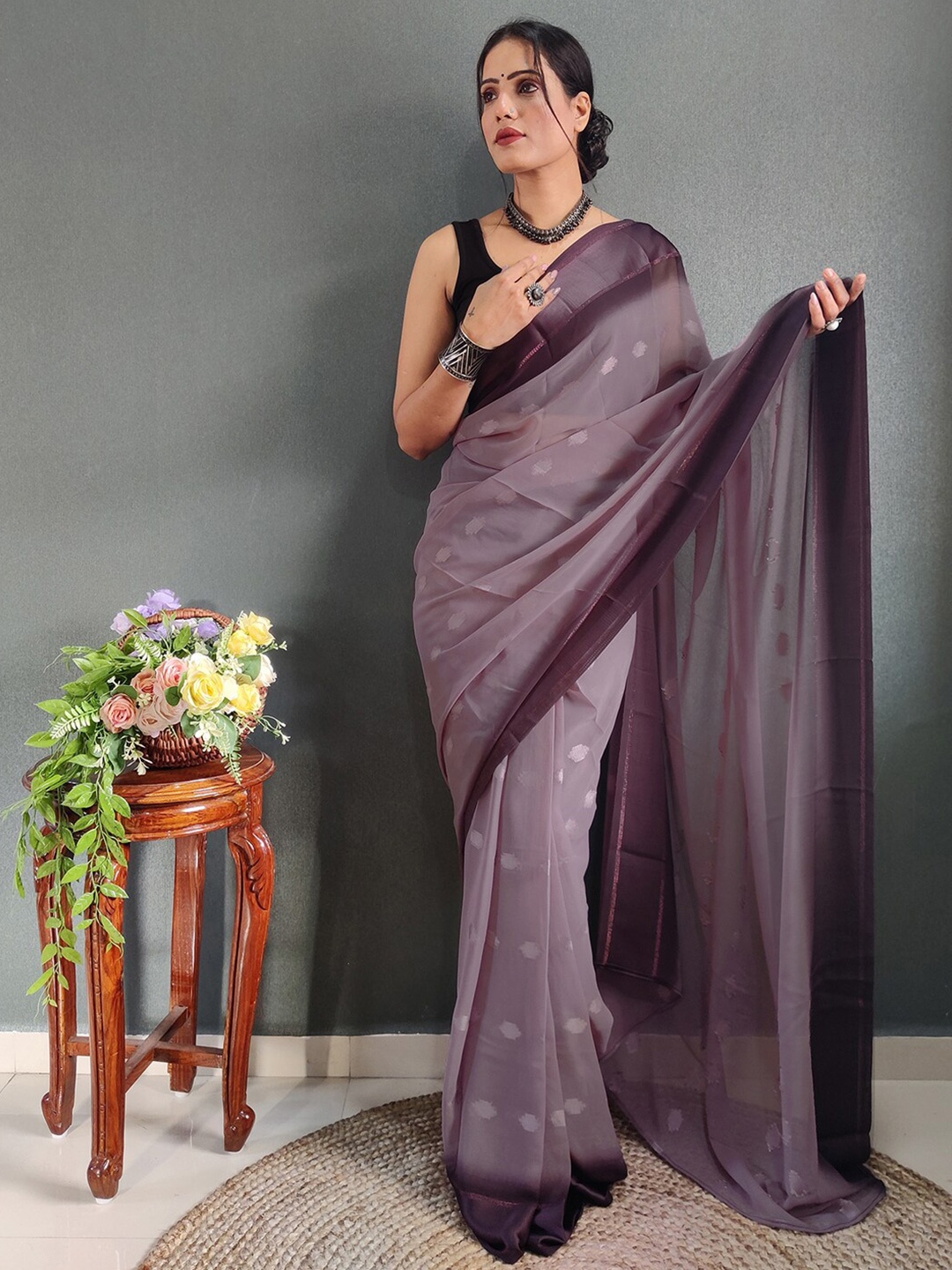 

Satrani Zari Poly Georgette Ready to Wear Saree, Brown