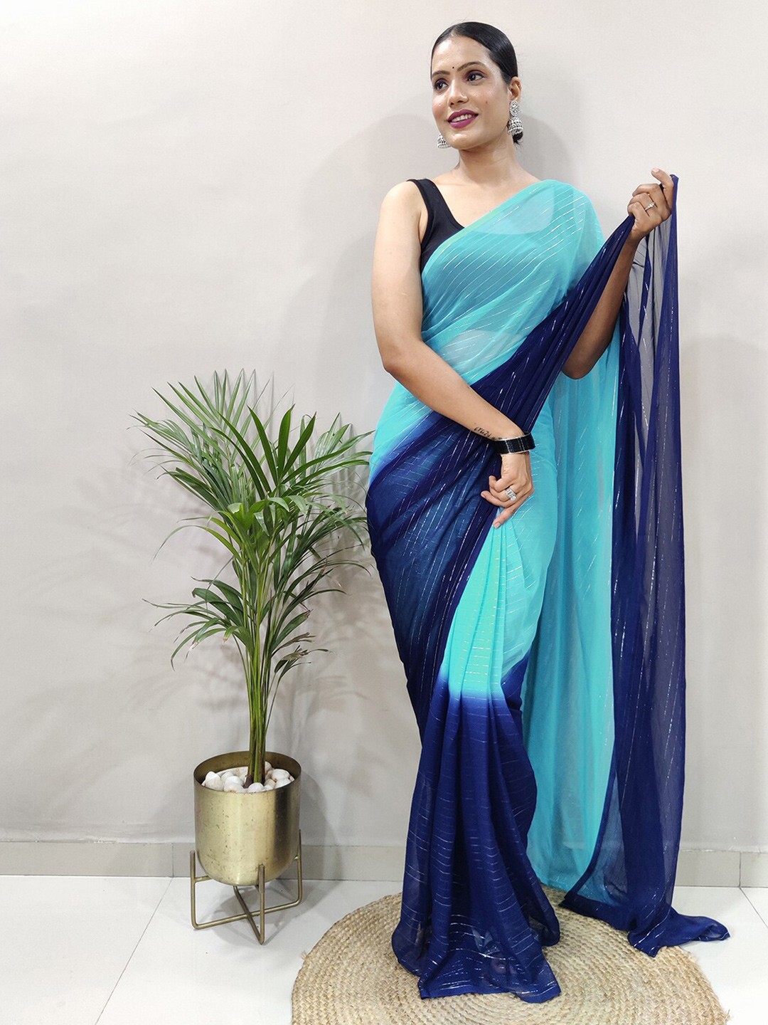 

Satrani Striped Zari Poly Georgette Ready to Wear Saree, Blue