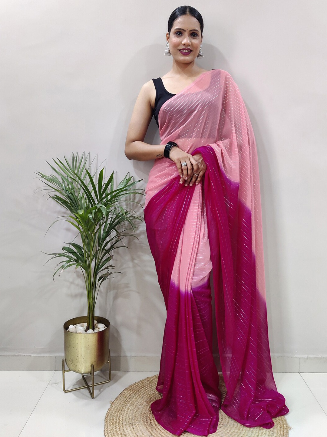 

Satrani Striped Zari Poly Georgette Ready to Wear Saree, Peach