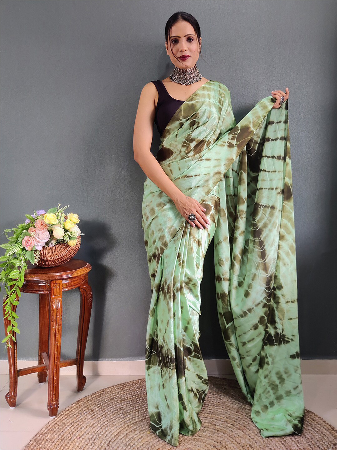 

Satrani Poly Chiffon Ready to Wear Saree, Sea green