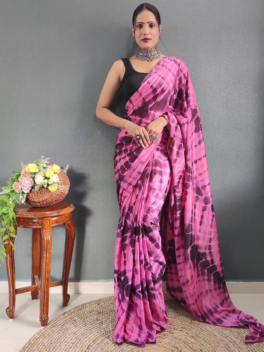 

Satrani Poly Chiffon Ready to Wear Saree, Pink