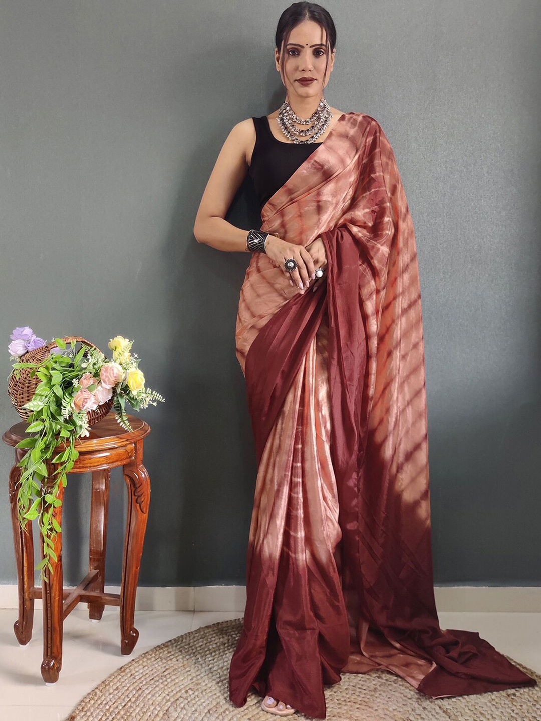 

Satrani Poly Chiffon Ready to Wear Saree, Peach