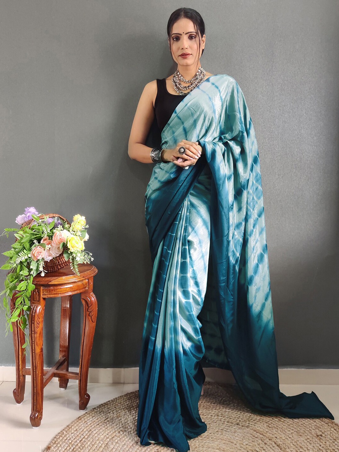 

Satrani Poly Chiffon Ready to Wear Saree, Teal