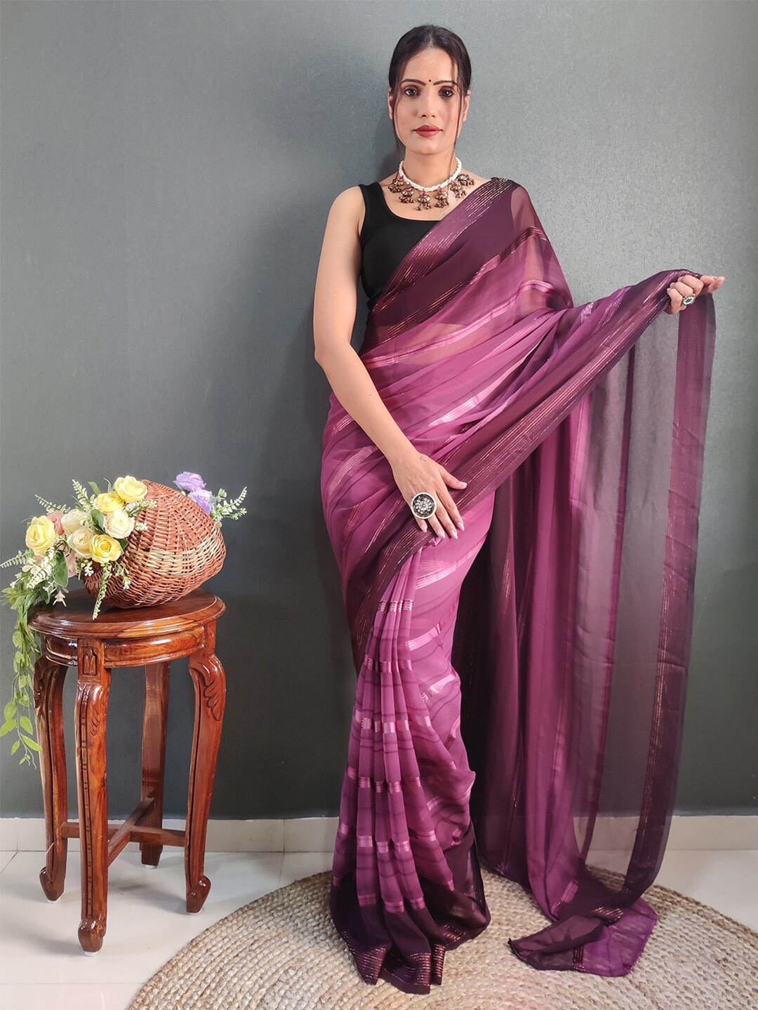 

Satrani Striped Zari Poly Georgette Ready to Wear Saree, Mauve