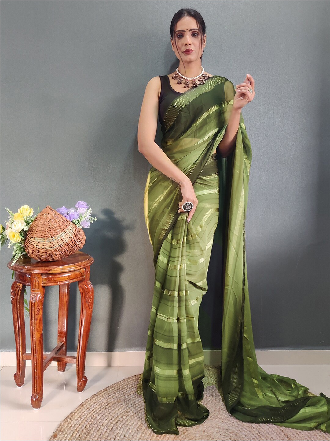 

Satrani Striped Zari Poly Georgette Saree, Green
