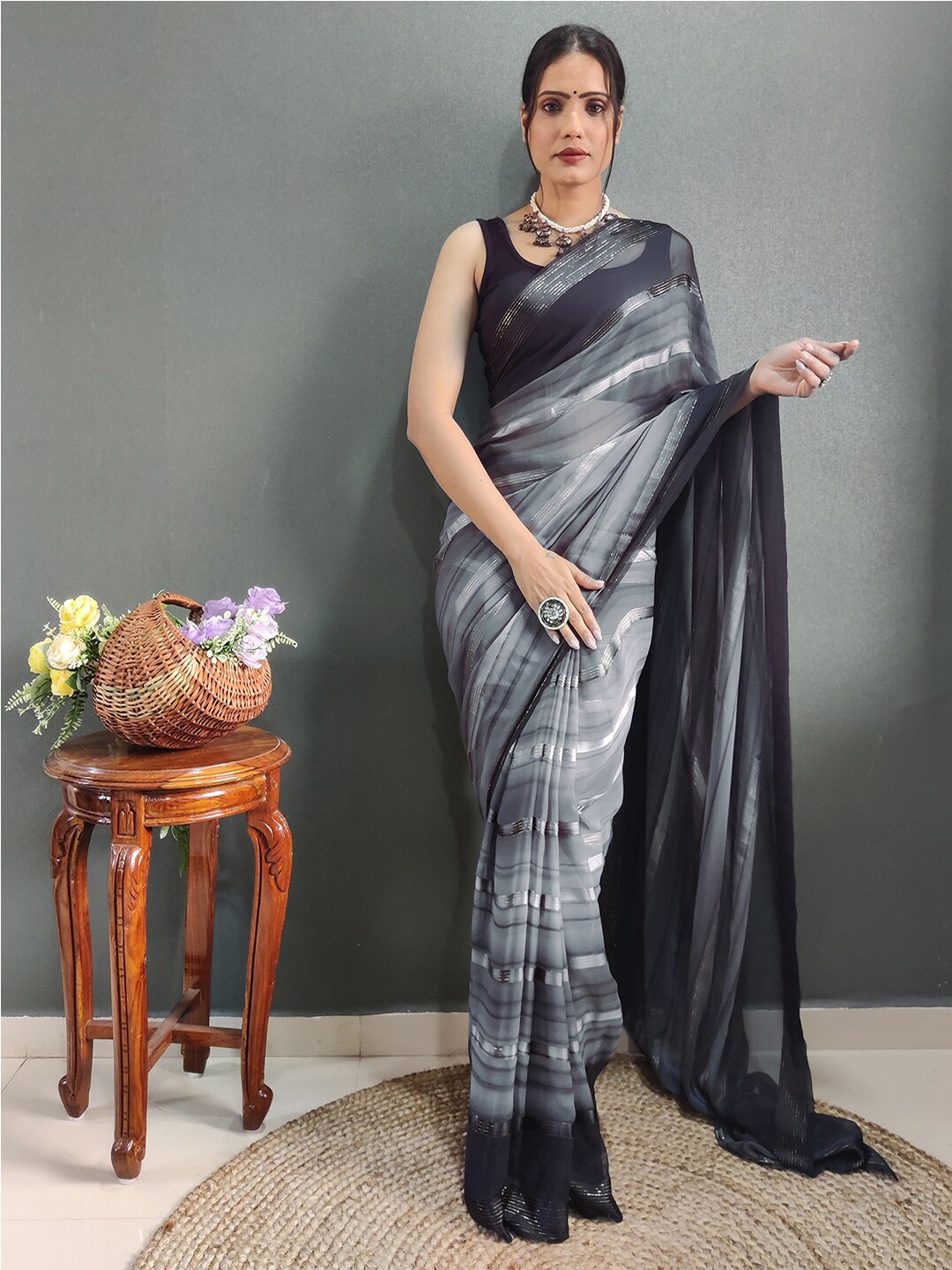 

Satrani Striped Zari Poly Georgette Saree, Grey