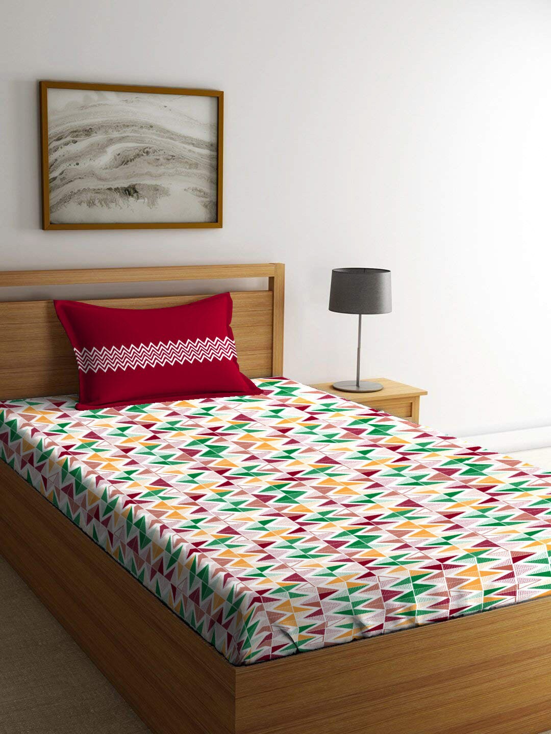 

MYTRIDENT Urban Comfort Red Geometric Cotton 144 TC Single Bedsheet with 1 Pillow Cover