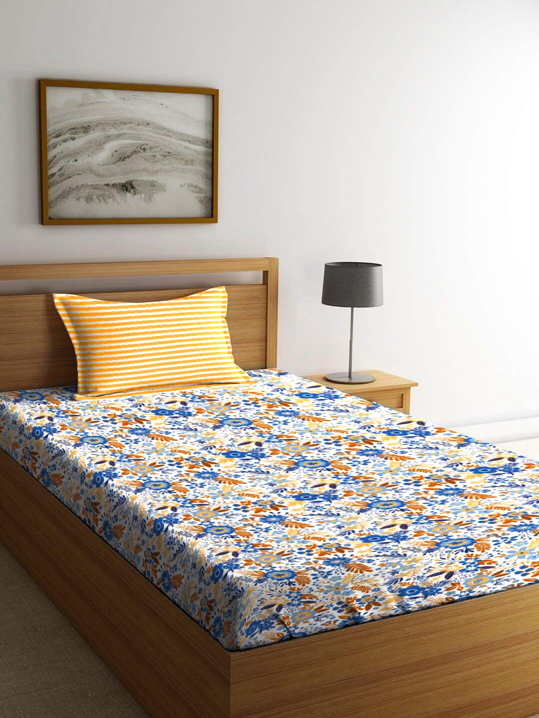 

MYTRIDENT Gardenia Blooms Blue Urban Comfort Flat 144TC Single Cotton Bedsheet Set