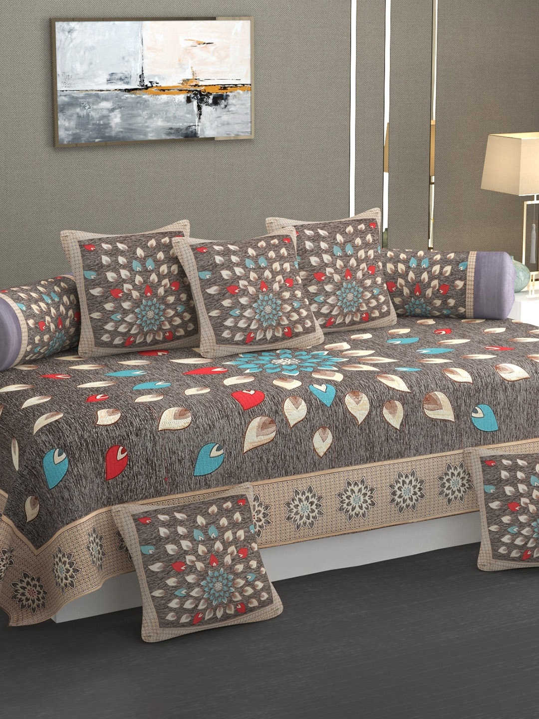 

MULTITEX Beige & Brown 8-Pcs Floral Printed Pure Cotton Diwan Set