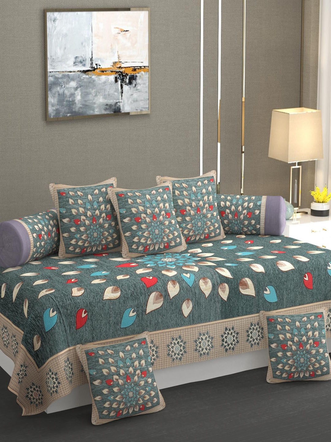 

MULTITEX Sea Green & Brown 8-Pcs Floral Printed Pure Cotton Diwan Set