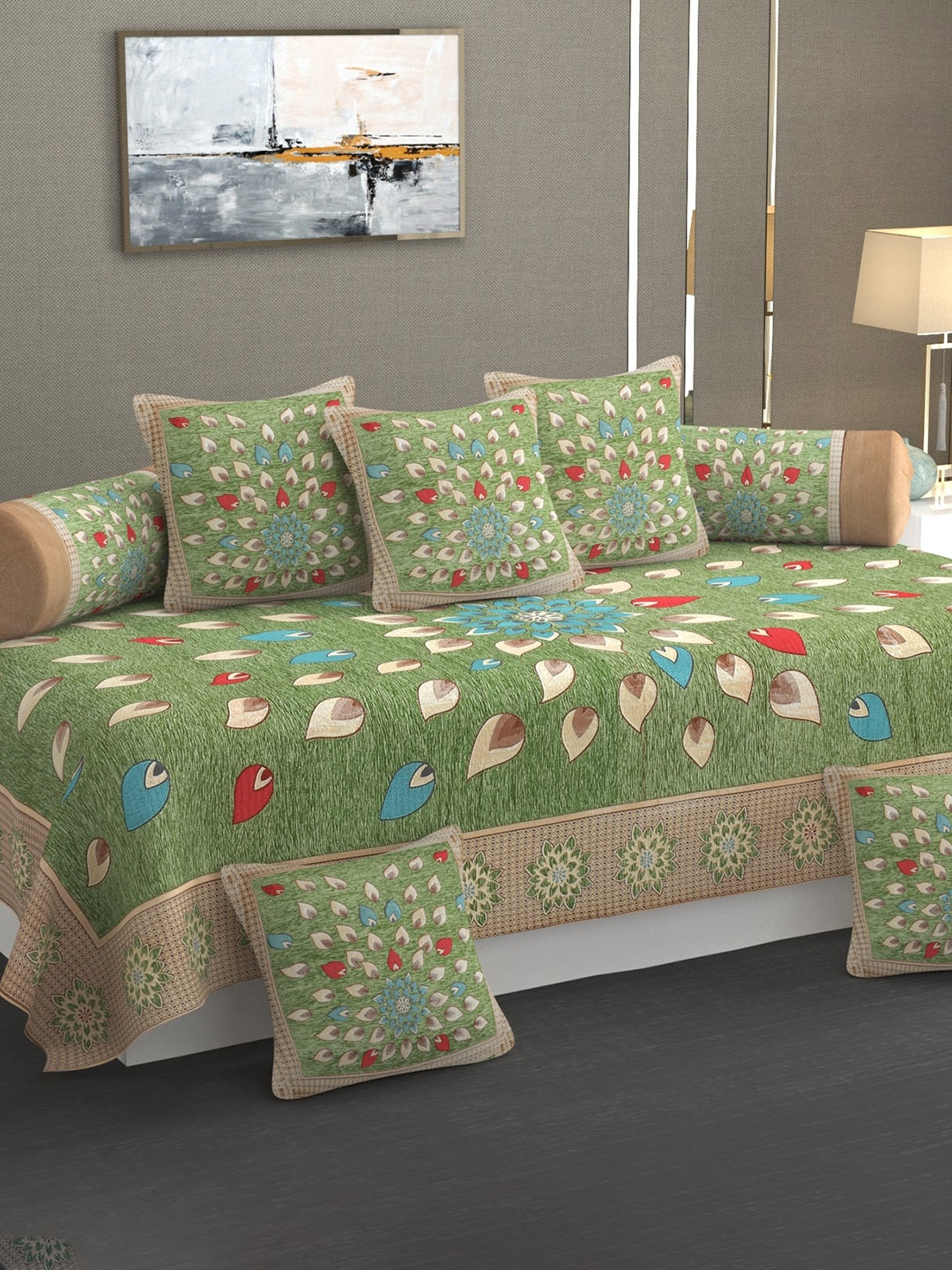 

MULTITEX Green & Brown 8-Pcs Floral Printed Pure Cotton Diwan Set