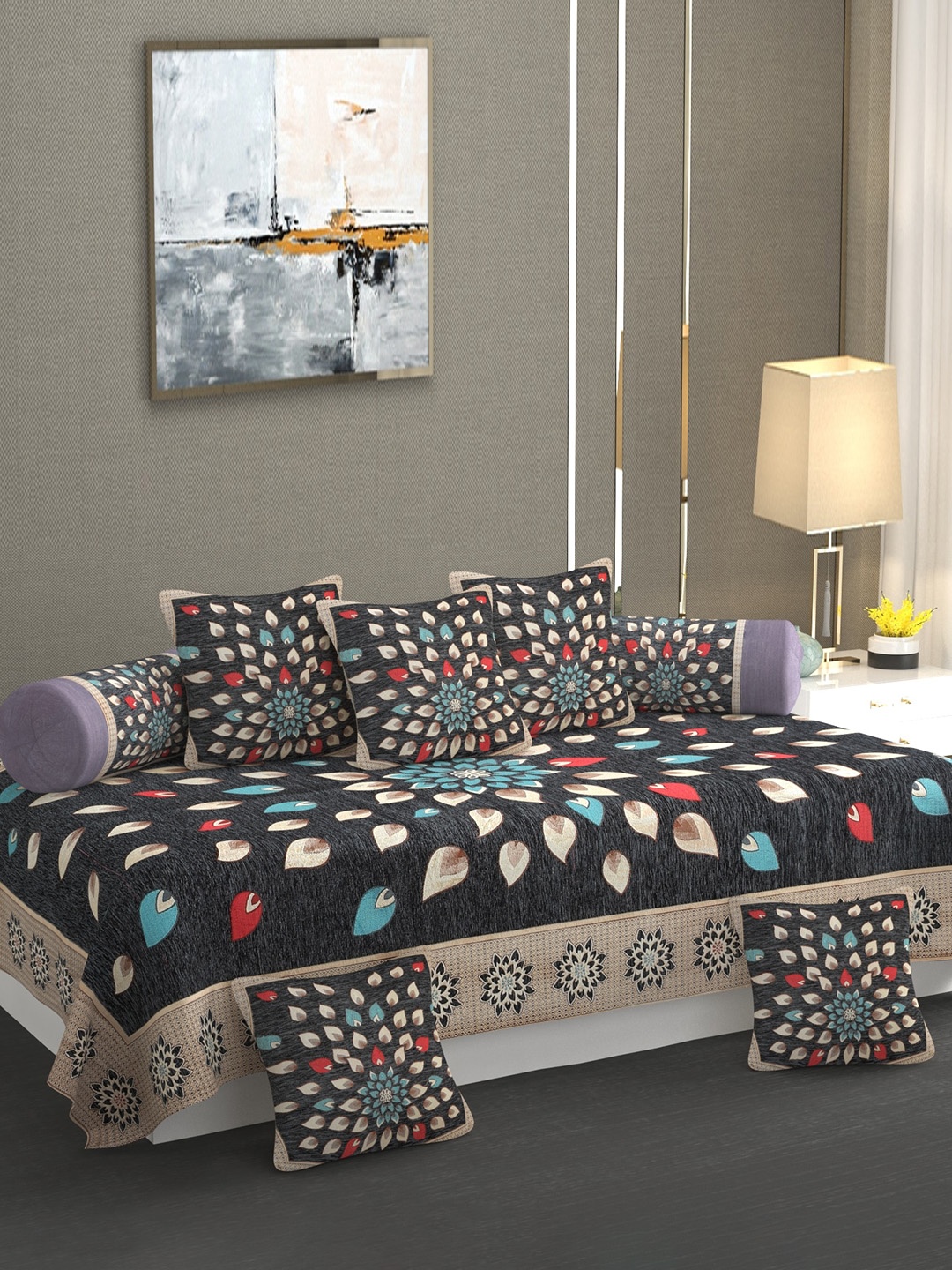 

MULTITEX Grey & Blue 8-Pcs Floral Printed Pure Cotton Diwan Set