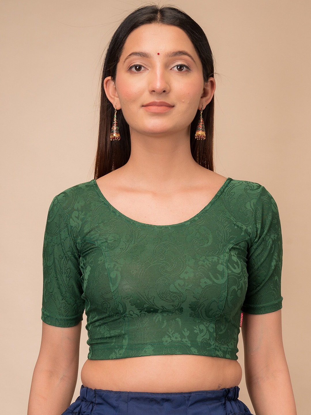 Bindigasm's Advi Floral Woven Design Stretchable Jacquard Saree Blouse, Green