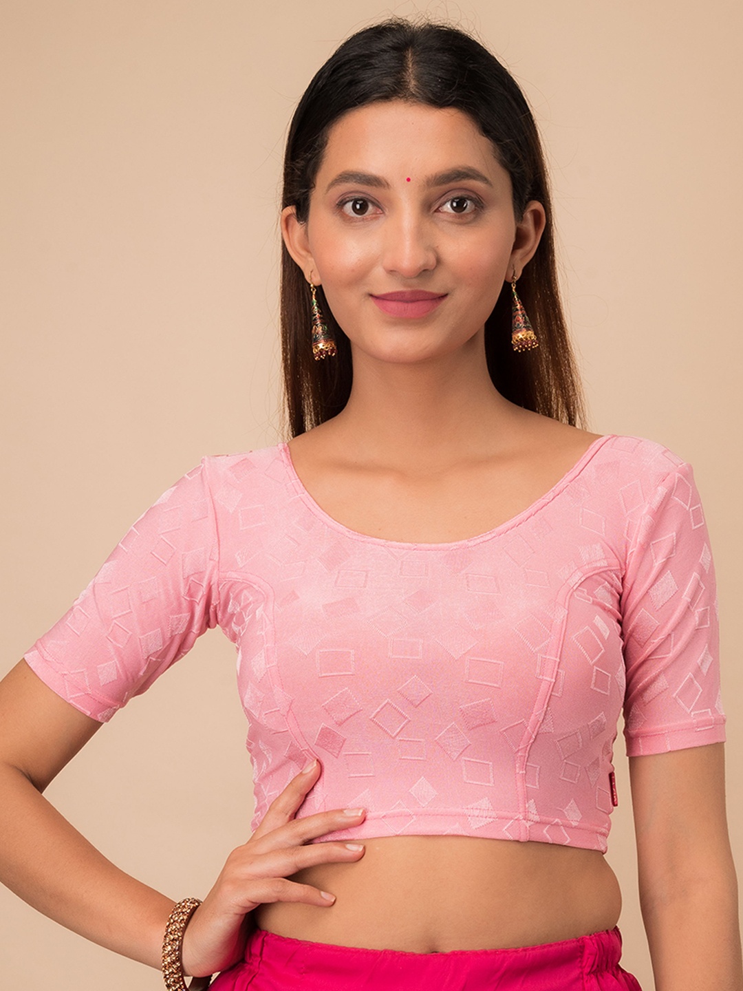 

Bindigasm's Advi Geometric Woven Design Stretchable Jacquard Saree Blouse, Pink