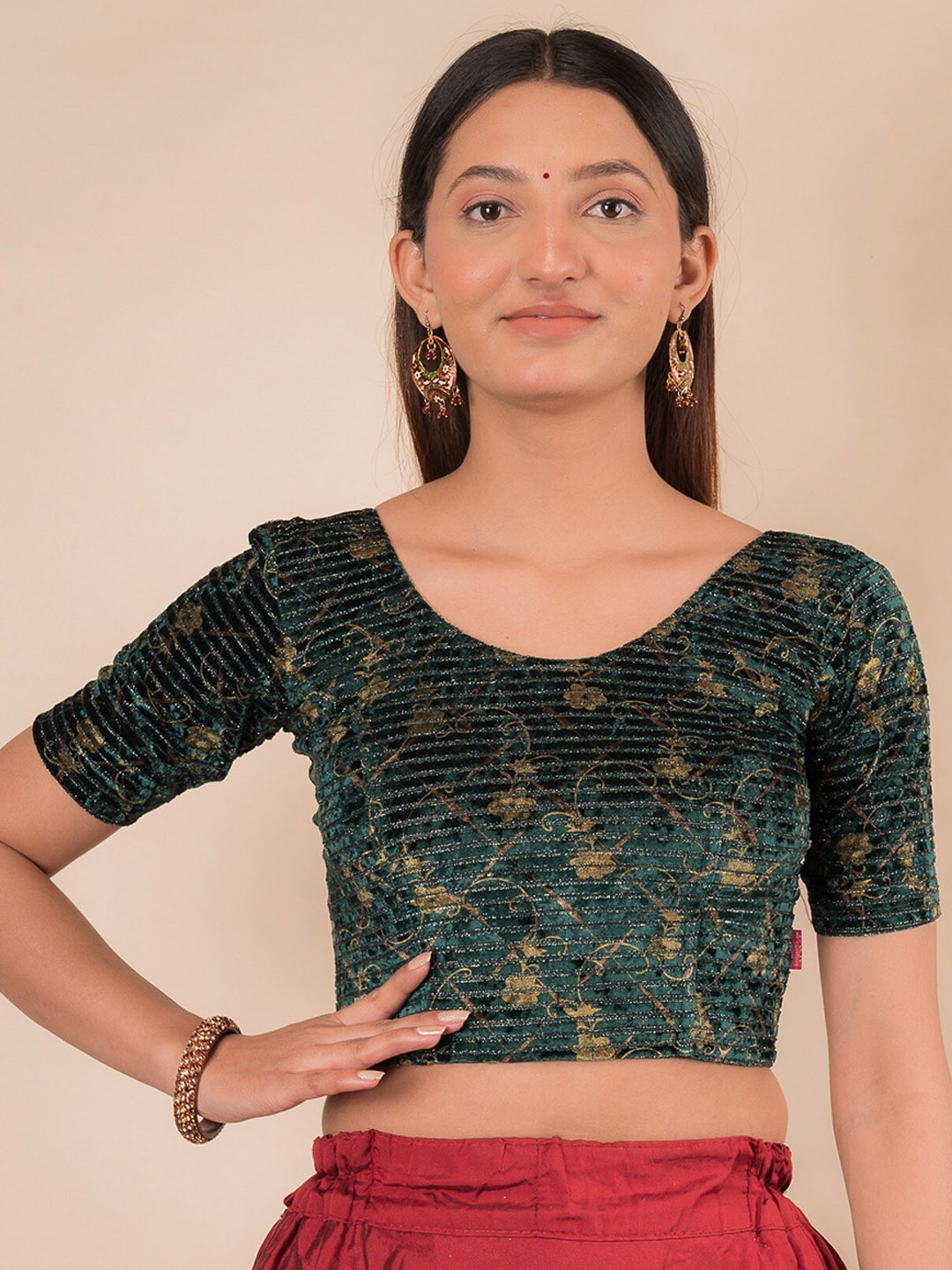 

Bindigasm's Advi Embellished Velvet Saree Blouse, Green