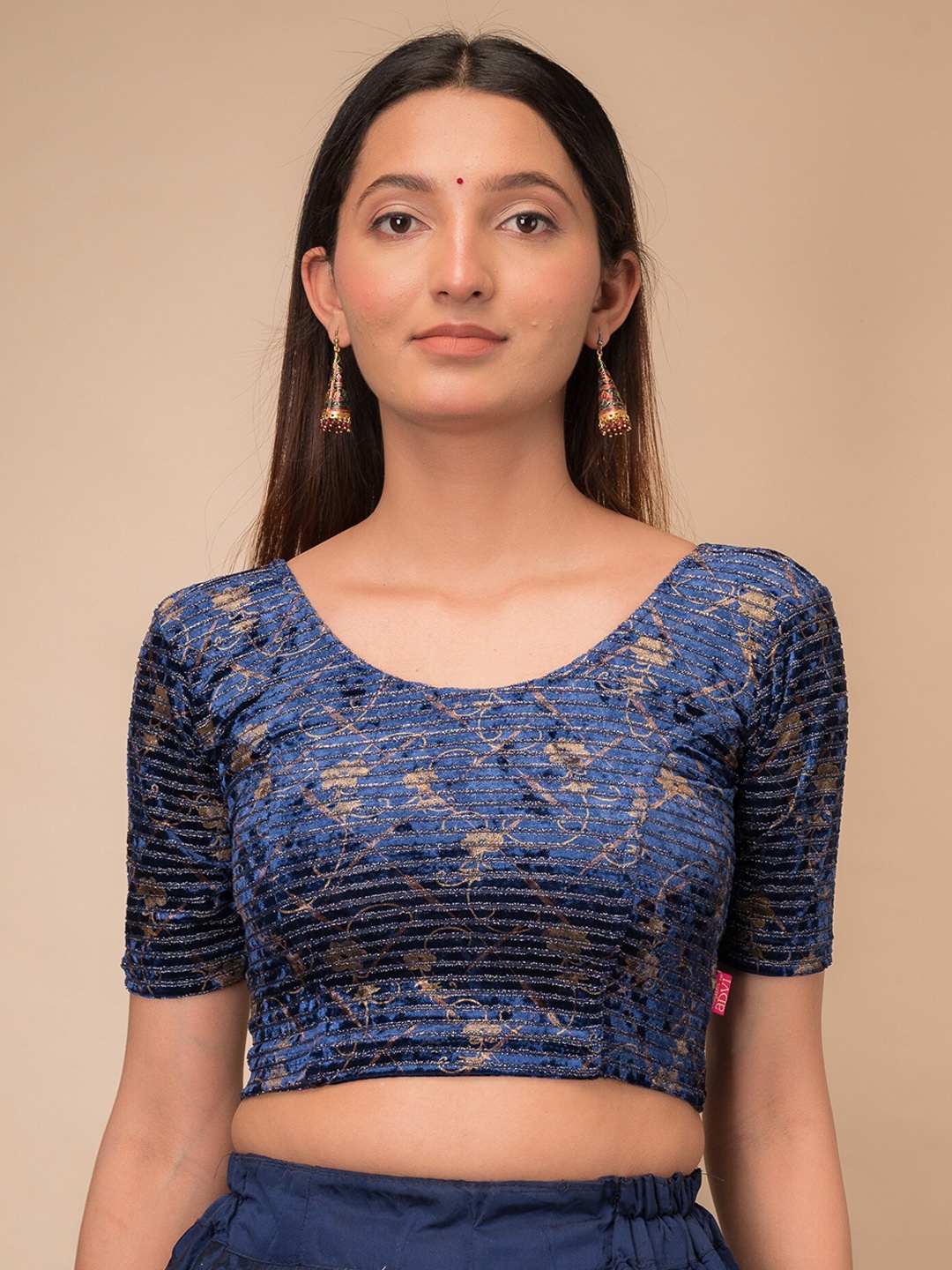 

Bindigasm's Advi Embellished Velvet Saree Blouse, Navy blue