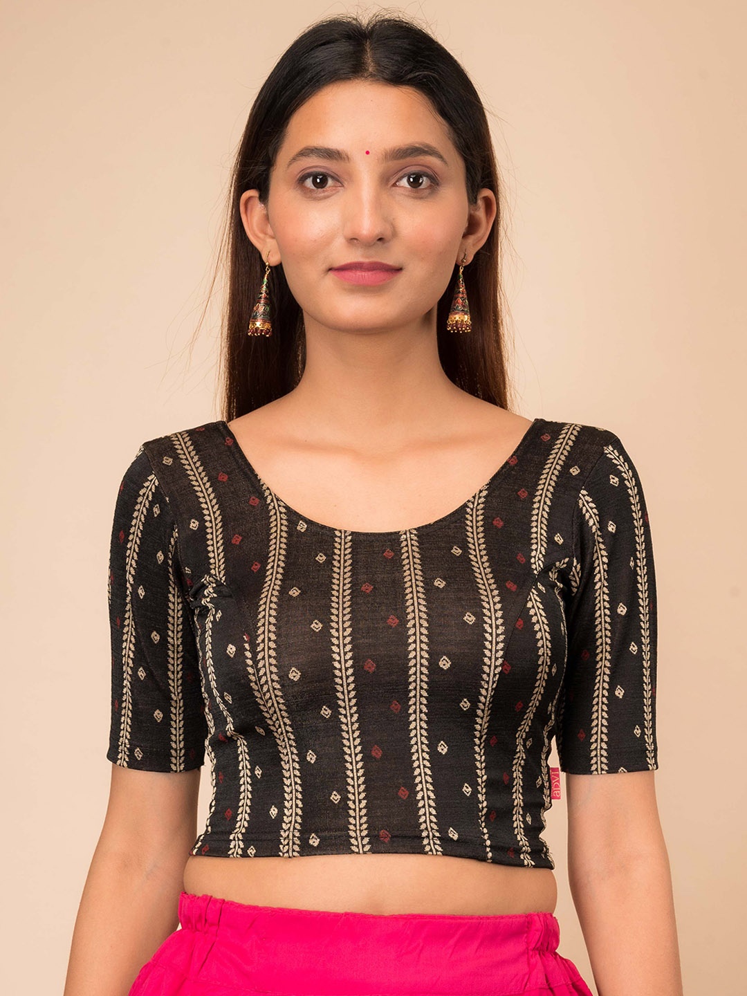 

Bindigasm's Advi Ethnic Motifs Printed Stretchable Saree Blouse, Black