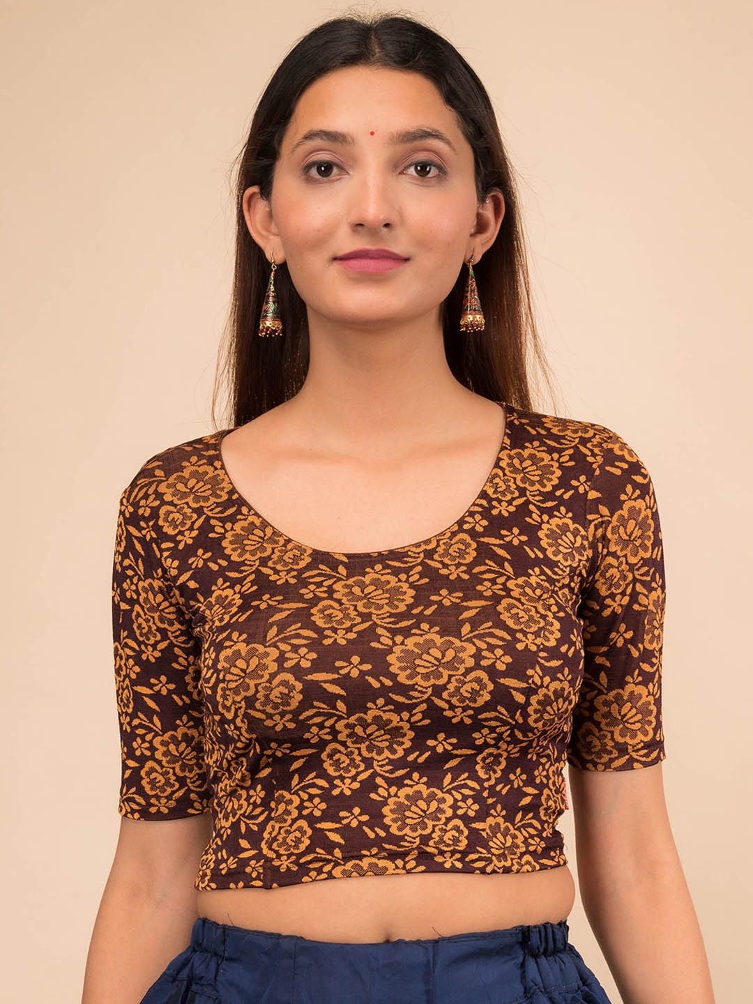 

Bindigasm's Advi Floral Self Design Jacquard Stretchable Saree Blouse, Coffee brown