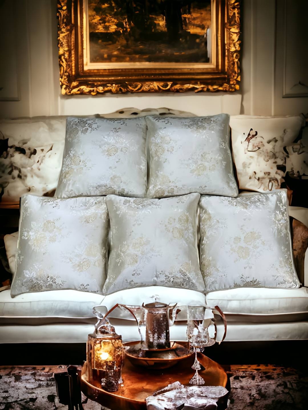 

CASA-NEST Cream-Coloured & Gold-Toned 2 Pieces Floral Square Cushion Covers