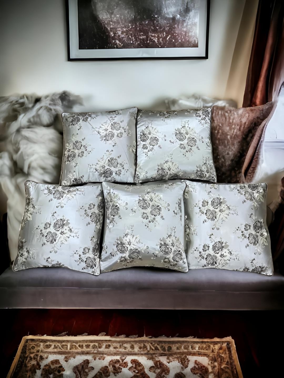 

CASA-NEST Grey & White Floral 5 Pieces Square Cushion Covers