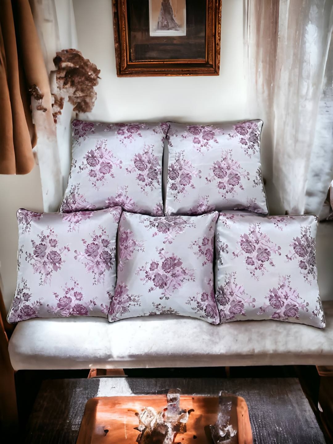 

CASA-NEST Grey & Purple 5 Pieces Floral Square Cushion Covers