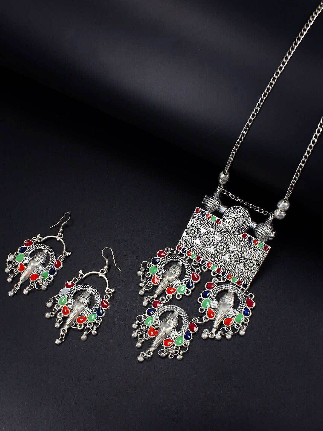 

PRIVIU Silver-Plated Stone-Studded Necklace & Earrings