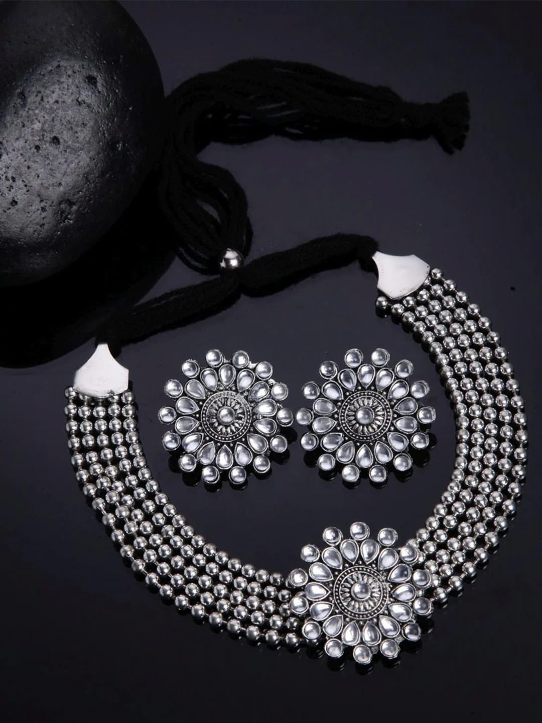 

PRIVIU Silver-Plated Kundan-Studded Jewellery Set