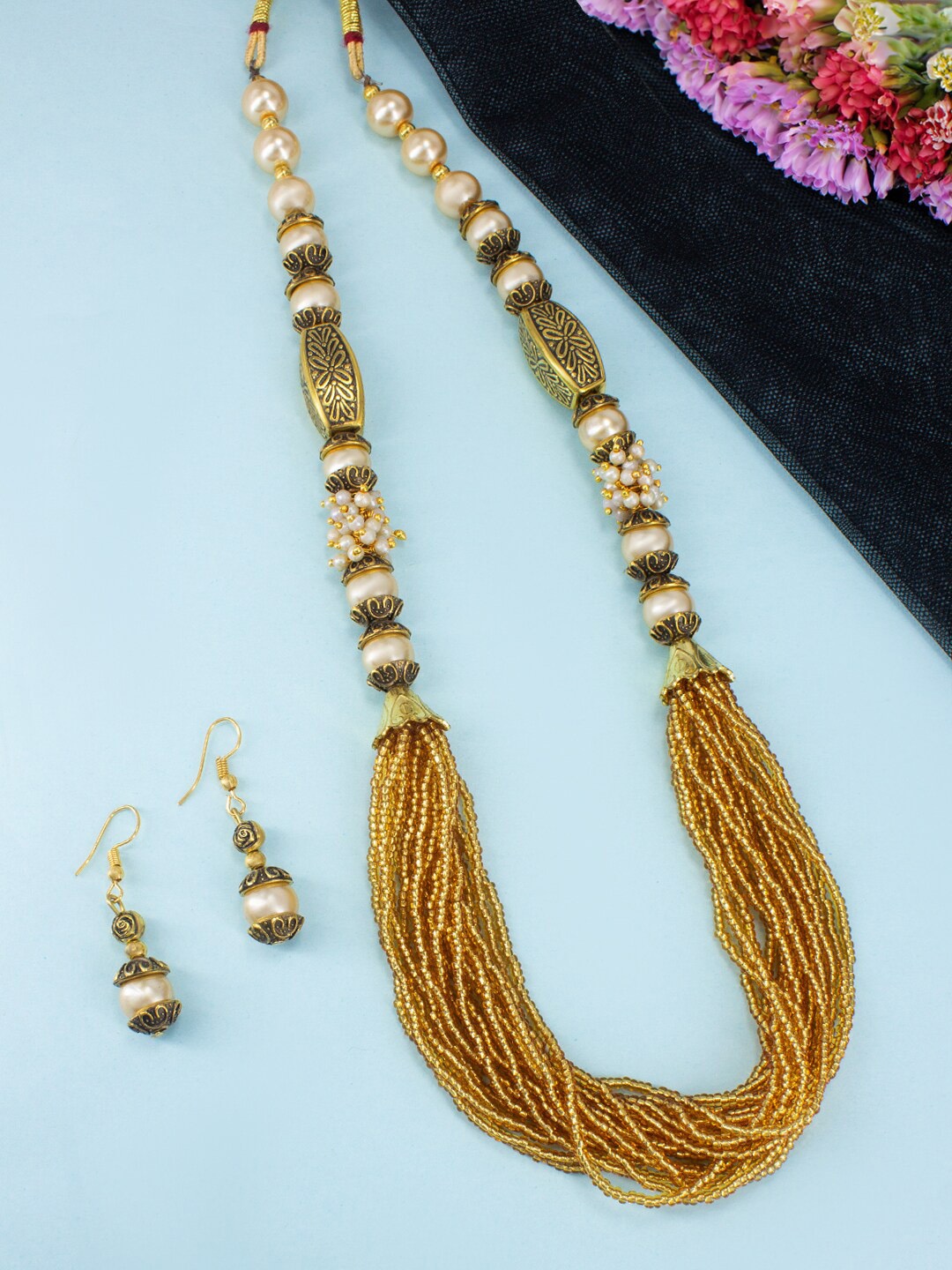 

PRIVIU Beaded Layered Necklace & Earrings, Gold