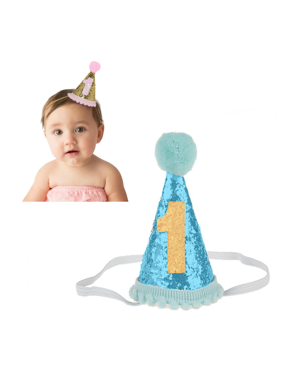 

Babymoon Infants Pom Pom Detail Sparkle Princess 1st Birthday Cap, Blue