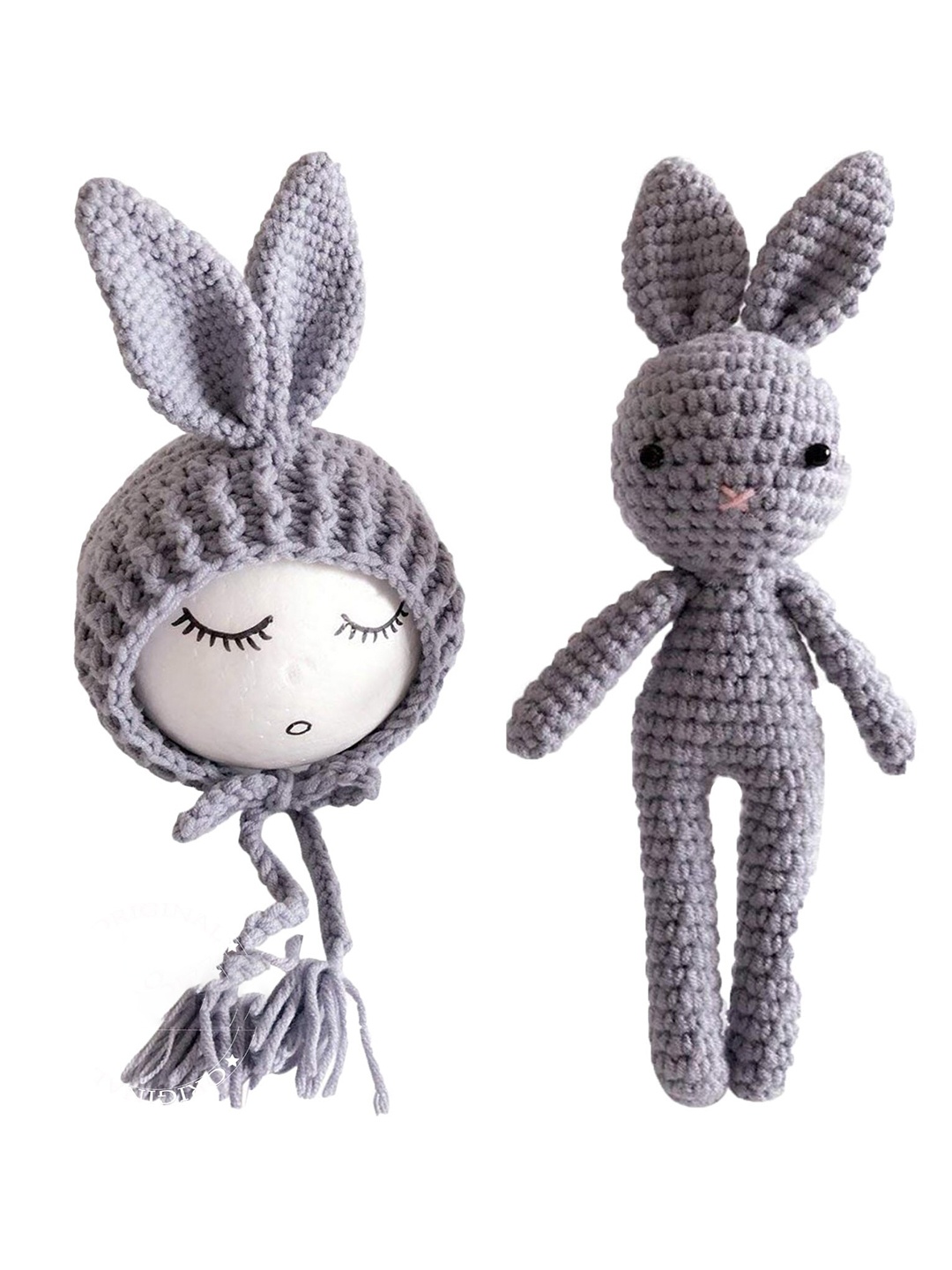 

Babymoon Infants Crochet Woollen Beanie Cap with Rabbit Teddy, Grey