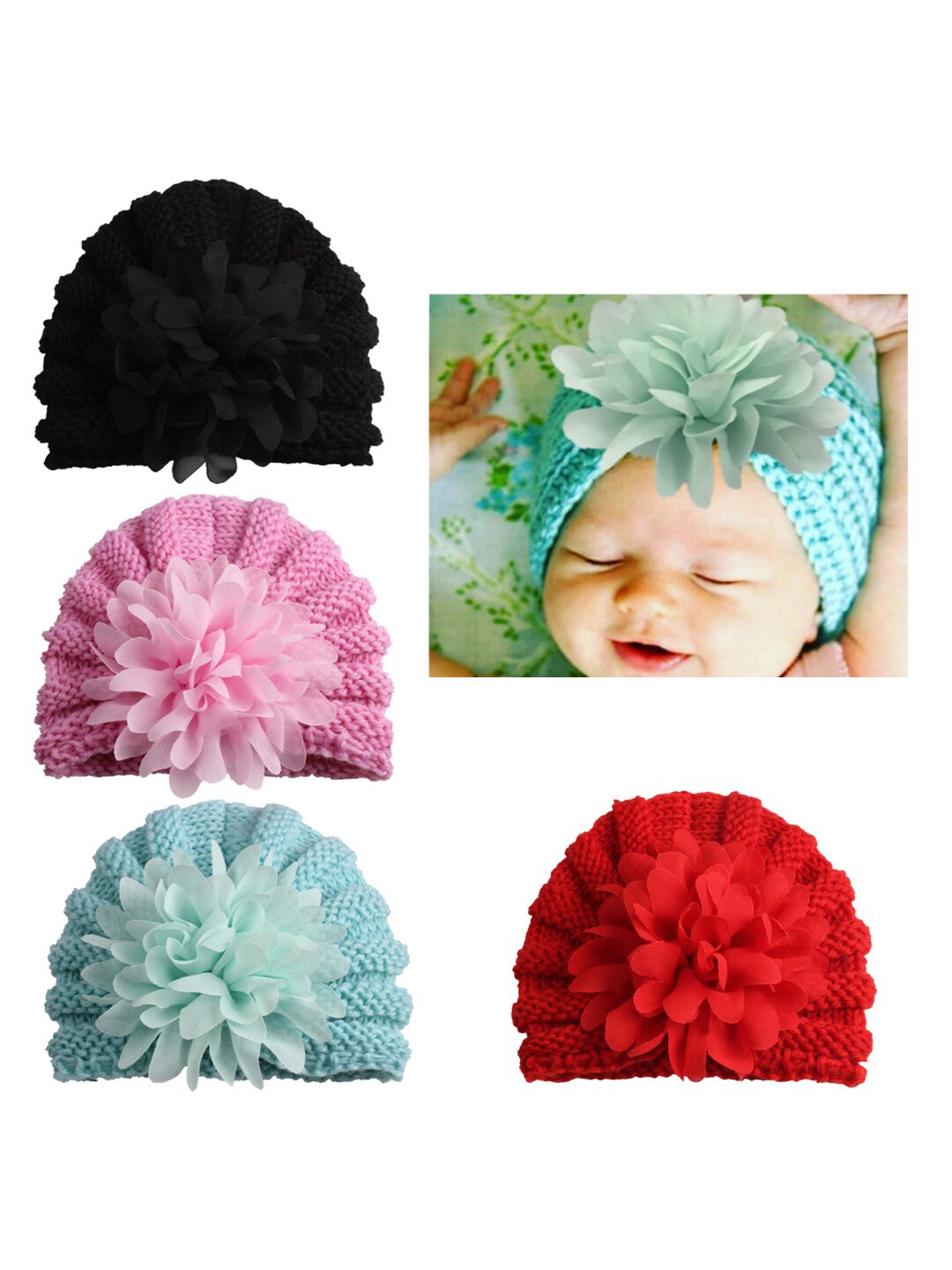 

Babymoon Infants Pack Of 4 Knitted Flower Woollen Beanies, Black