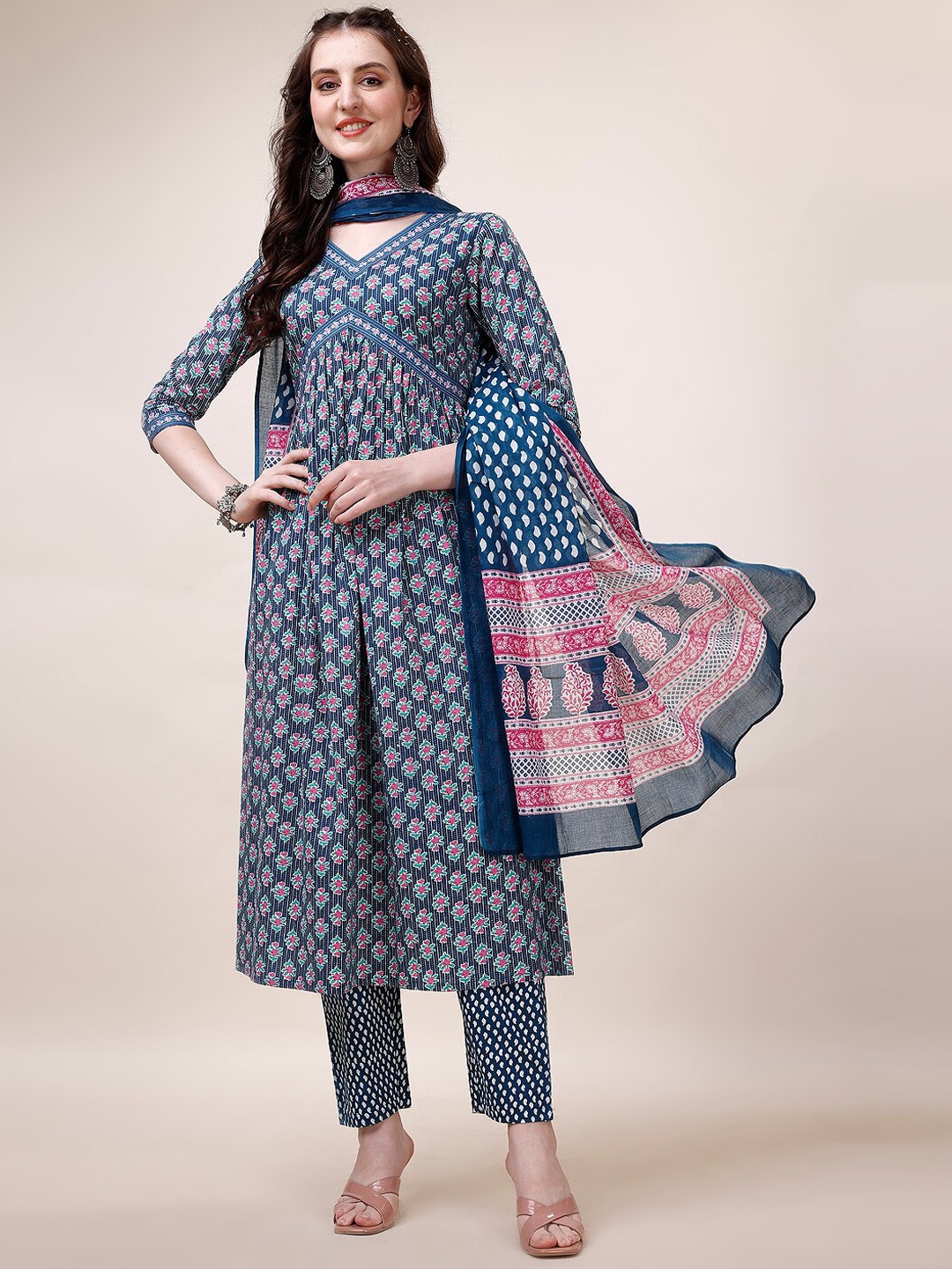 

KALINI Ethnic Motifs Printed Regular Pure Cotton Kurta with Trousers & Dupatta, Blue