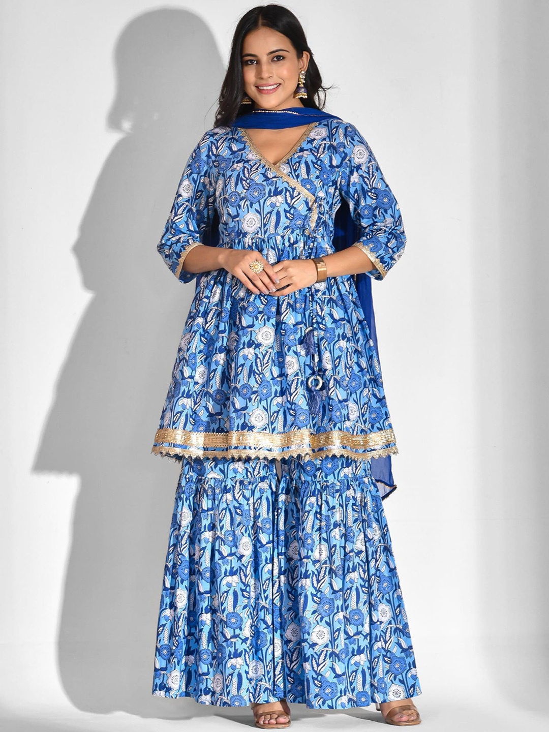 

mokshi Floral Printed Gotta Patti Pure Cotton V-Neck Kurta With Sharara And Dupatta, Blue