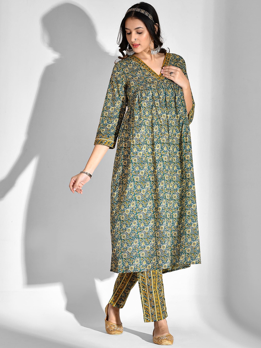 

mokshi Ethnic Floral Printed V Neck Cotton Anarkali Kurta with Trousers, Blue