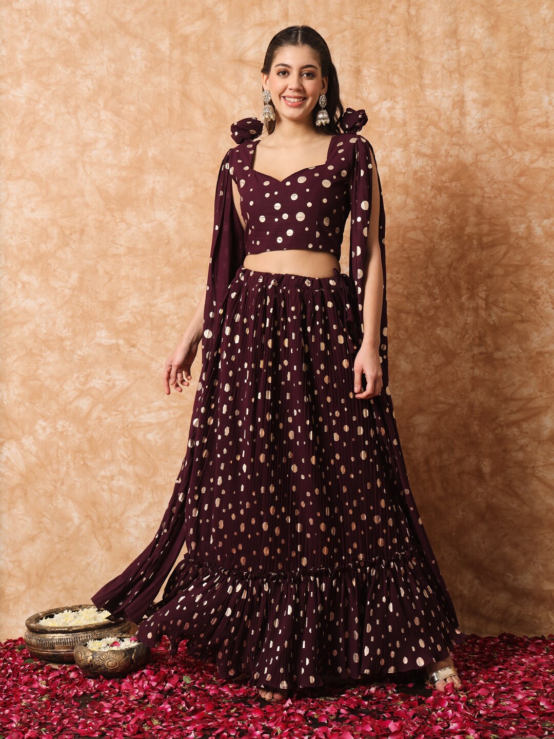 

SHUBHKALA Geometric Printed Ready To Wear Lehenga & Blouse With Dupatta, Burgundy