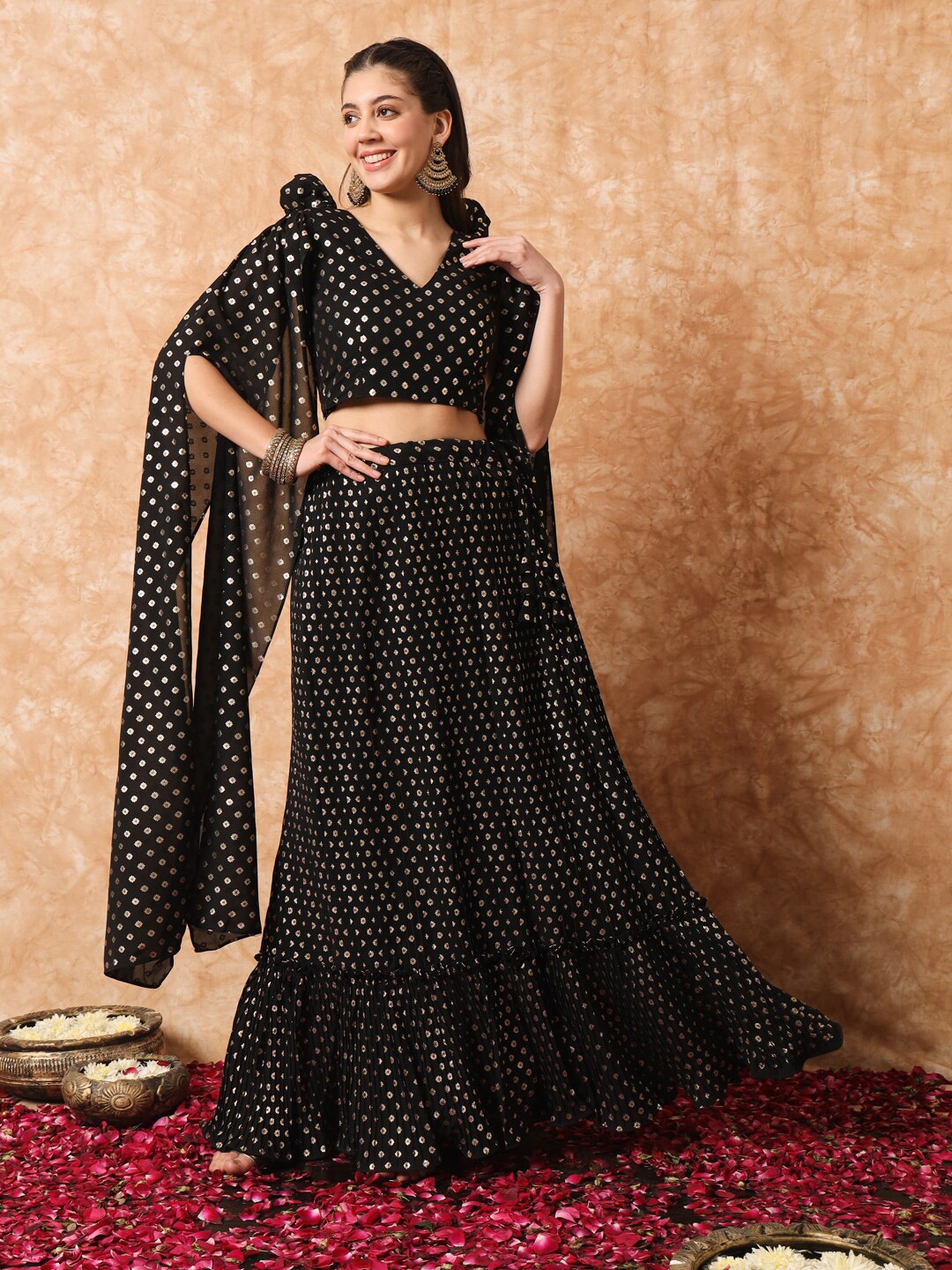 

SHUBHKALA Ethnic Motifs Printed Ready To Wear Lehenga & Blouse With Dupatta, Black