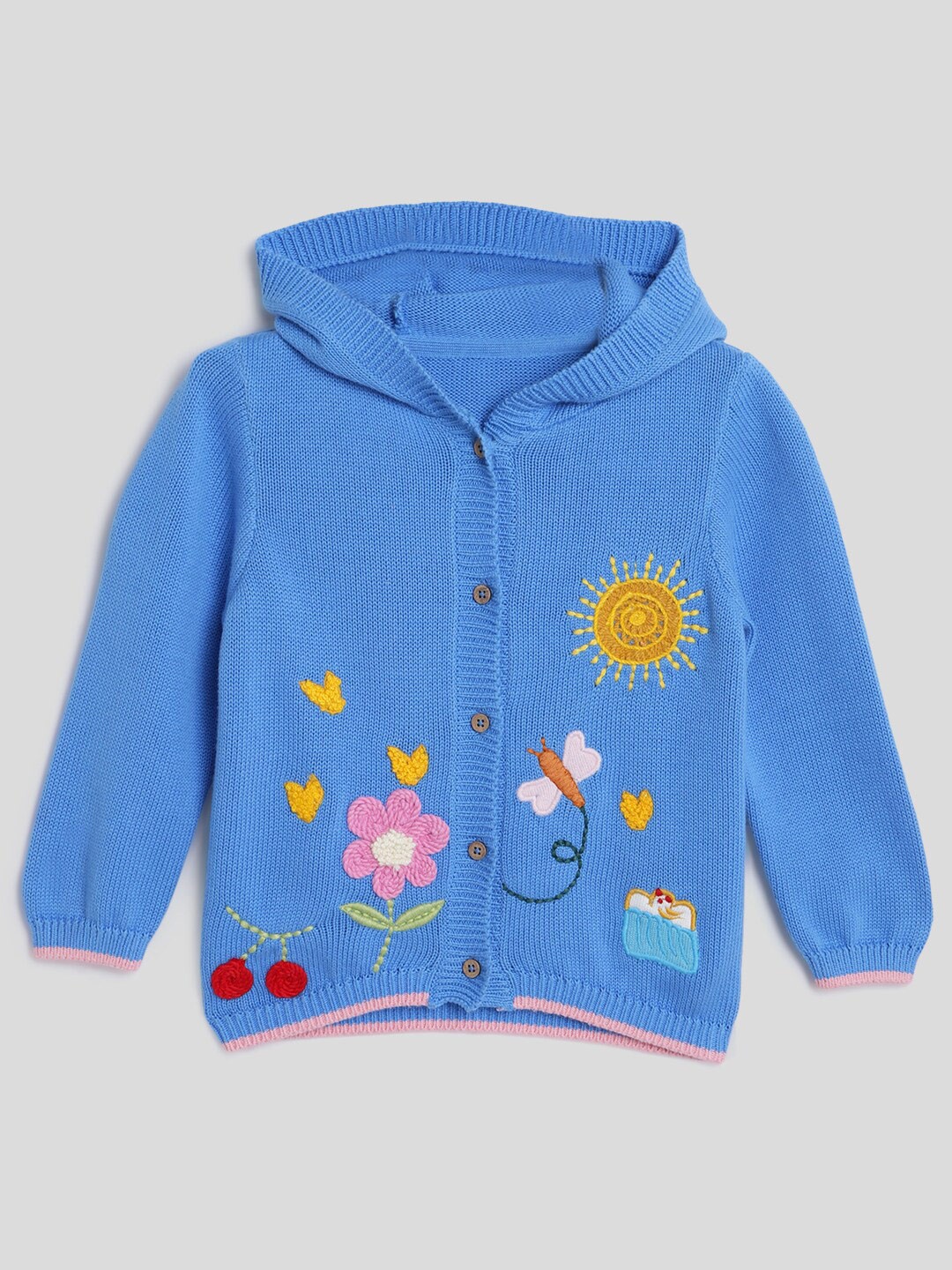 

Somersault Girls Floral Embroidered Hooded Cotton Cardigan Sweater, Blue