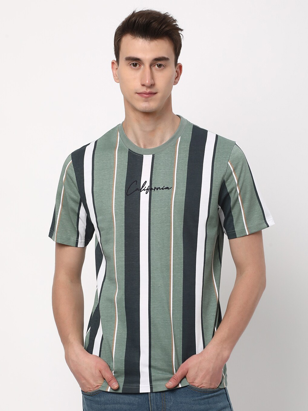 

R&B Striped Round Neck Cotton T-shirt, Green