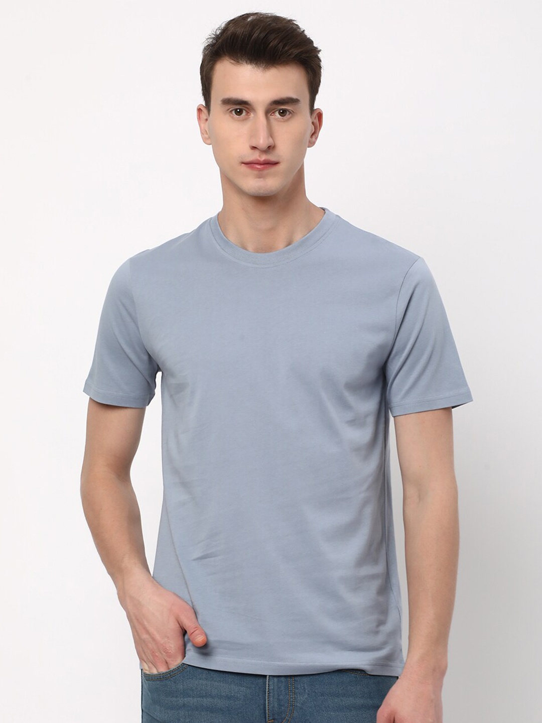 

R&B Round Neck Cotton T-shirt, Blue