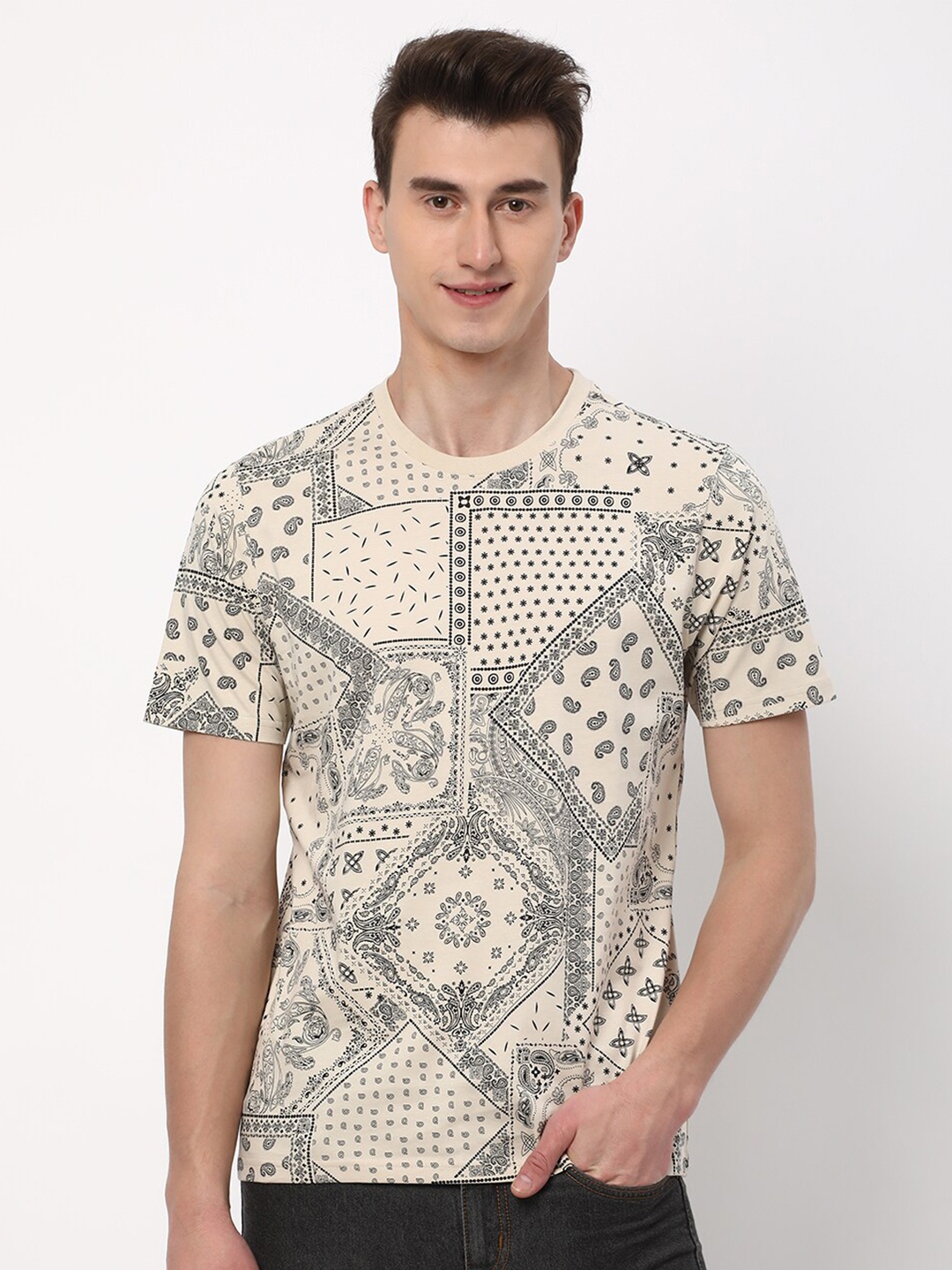 

R&B Ethnic Motifs Printed Round Neck Cotton T-shirt, Beige