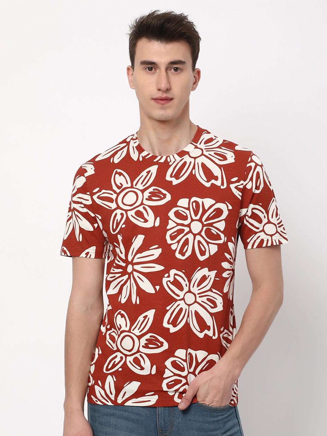 

R&B Floral Printed Round Neck Cotton T-shirt, Rust